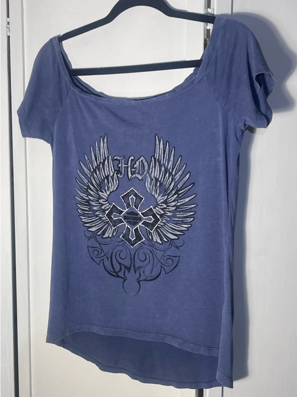 Genuine Harley  Davidson Motorclothes Wo Small Winged Cross Wide neck Tee